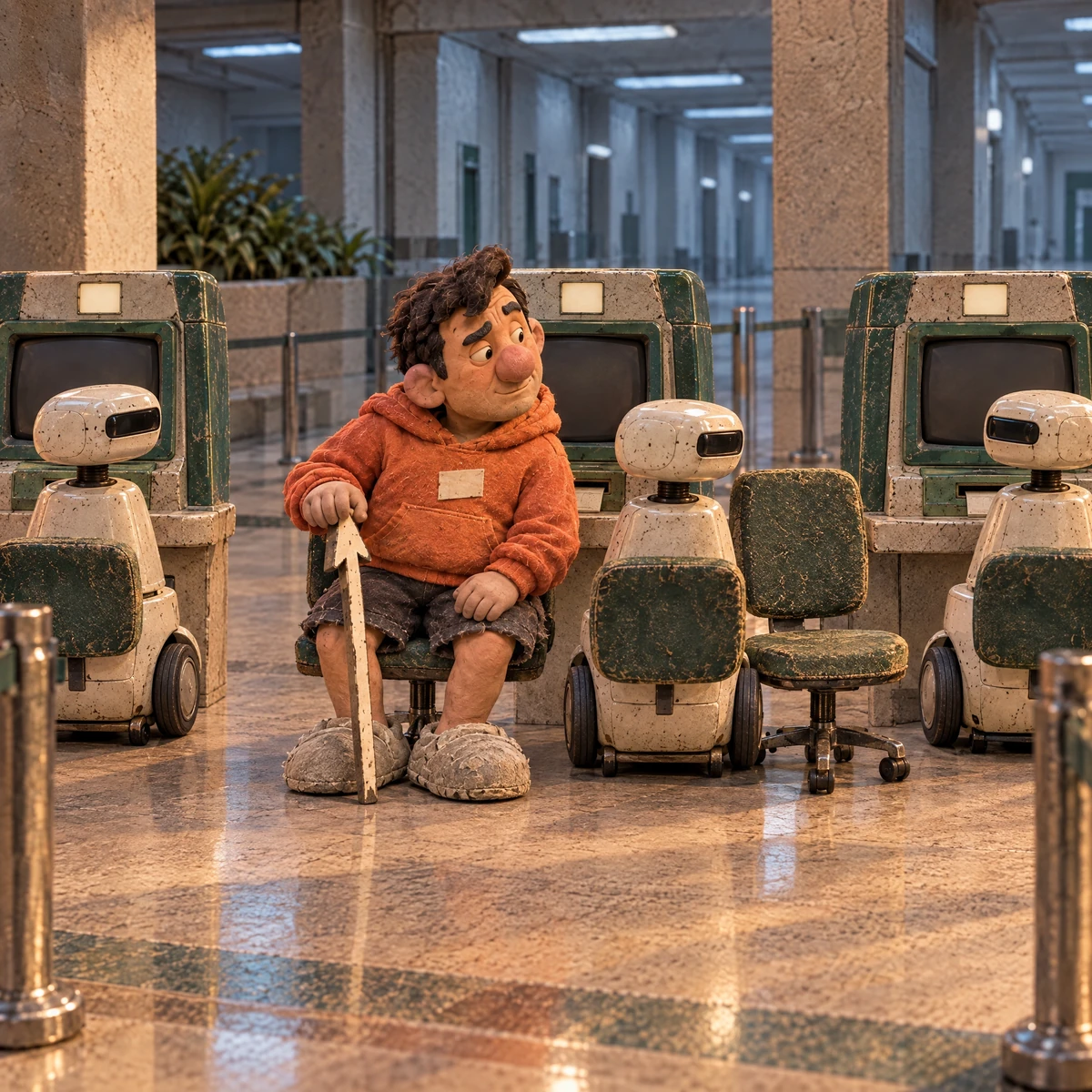 Hugh sits among three identical robots and looks toward an empty office chair.