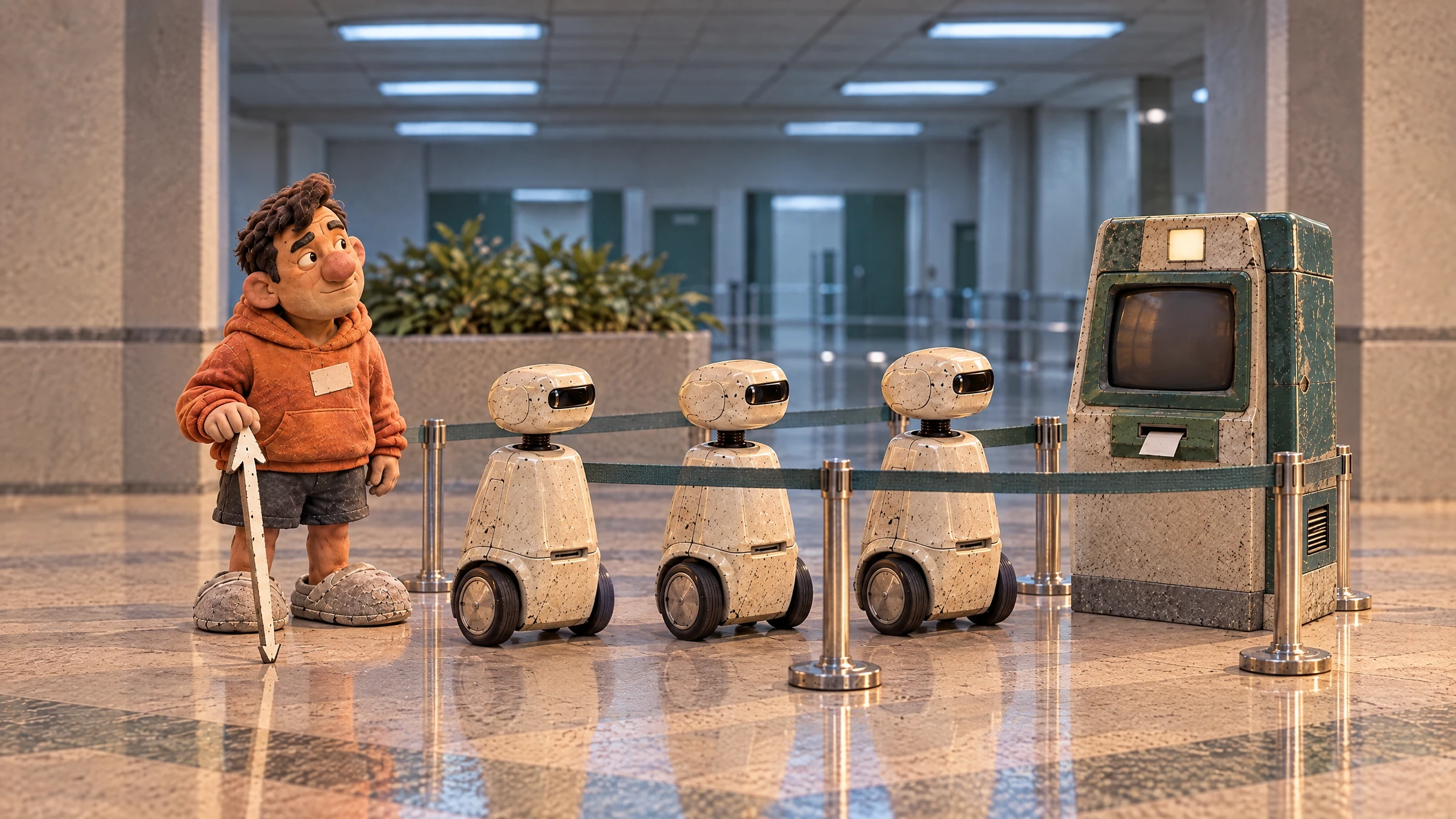 Hugh stands outside a queue of three rolling robots at the checkpoint, holding his cursor walking stick.