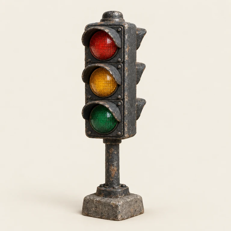 A worn traffic light with red, amber and green lenses.