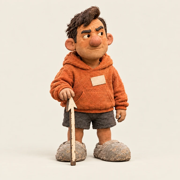Hugh in his orange hoodie and slippers, holding his cursor.