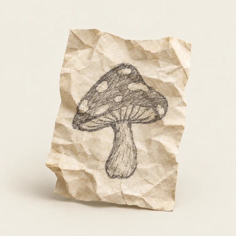An uneven pencil drawing of a mushroom on crumpled paper.