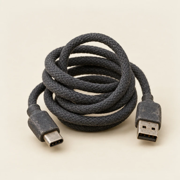 An awkwardly coiled charging cable with both ends visible.