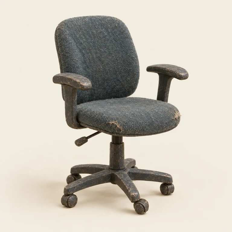 An empty worn office chair with a crooked wheel.